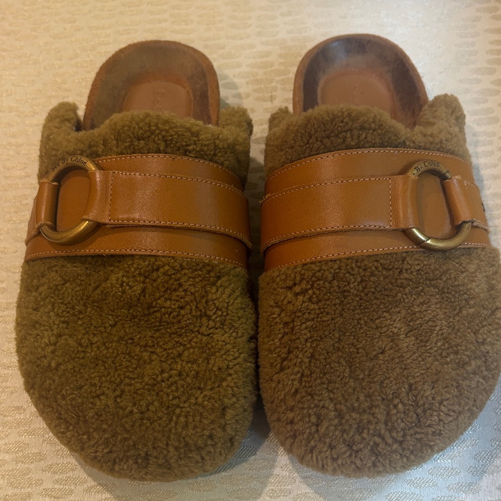 See By Chloe Brown Shearling Slip-On Loafers with Leather Strap